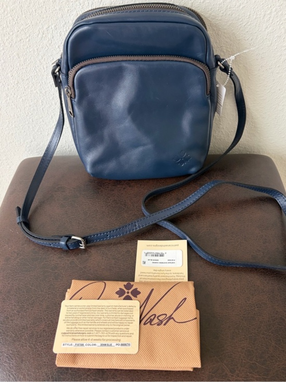 Patricia Nash Vintage Distress Camini Leather Phone Crossbody Bag Denim Blue NWT
